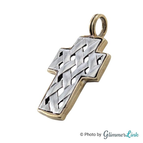 Vintage Two Tone Cross Woven Lattice Sterling Silver Gold Plated Pendant - Picture 3 of 9
